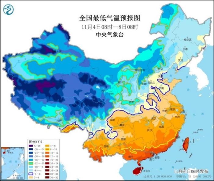 圖2 全國最低氣溫預報圖(11月4日08時-8日08時)