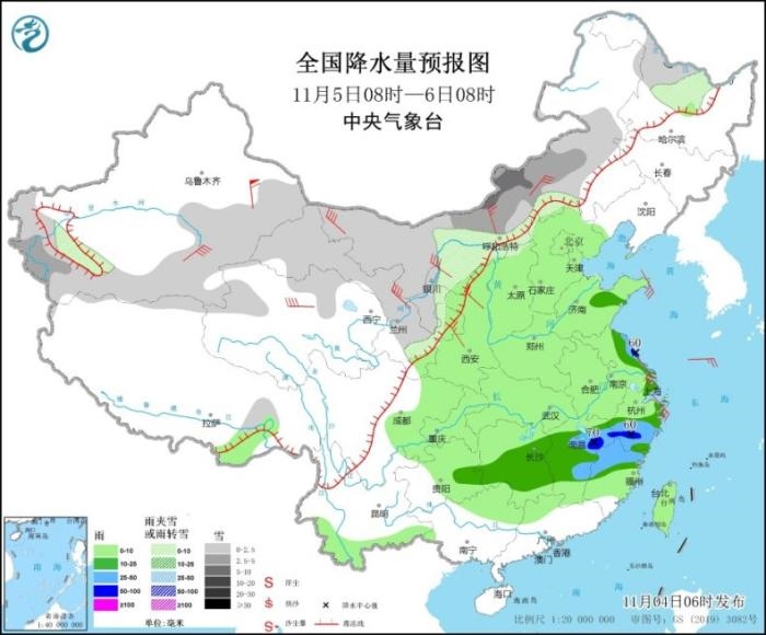 圖5 全國降水量預報圖(11月5日08時-6日08時)