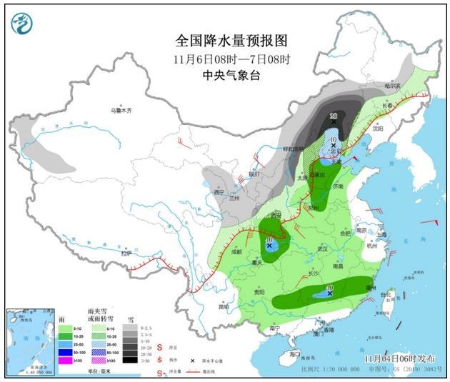 圖6 全國降水量預報圖(11月6日08時-7日08時)