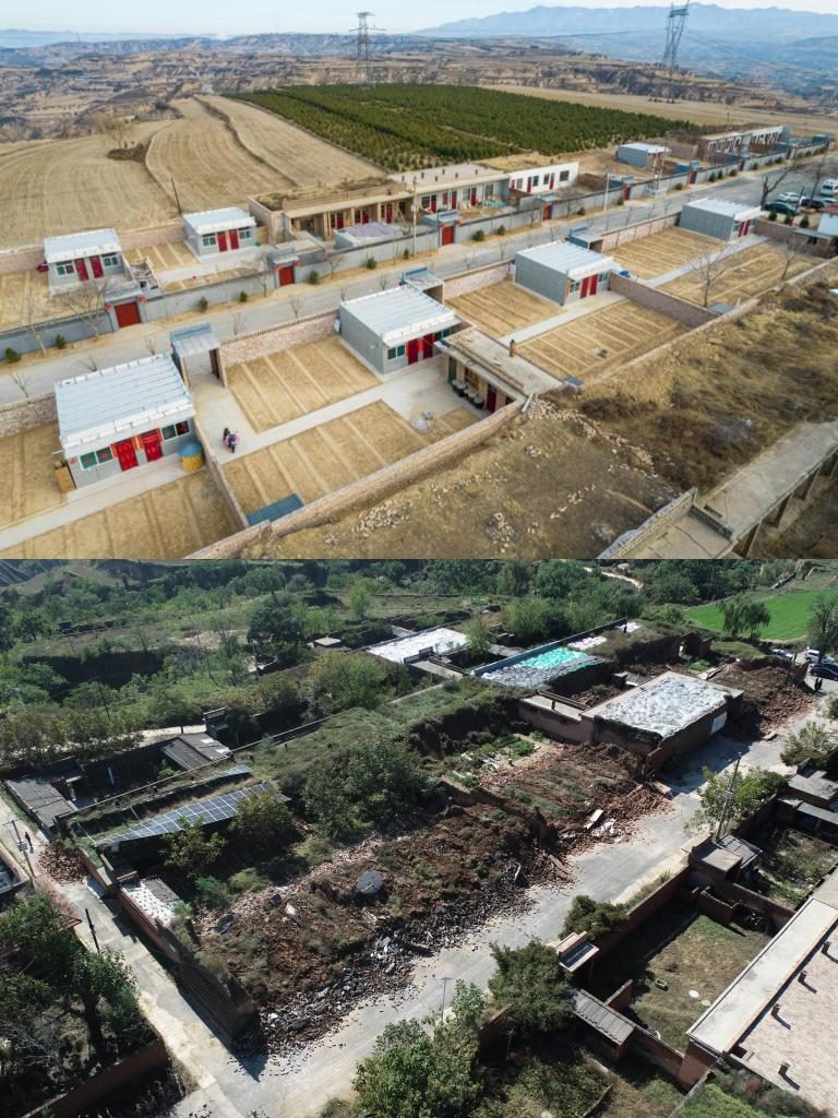 拼版照片，上圖是2022年1月山西省霍州市師莊鄉(xiāng)馮南垣村災(zāi)后恢復(fù)重建后的場景，下圖是2021年10月村莊因災(zāi)受損的場景。(霍州市委宣傳部供圖)