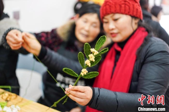馮燕霞指導(dǎo)姐妹們鉤織月桂葉片?！」帕捡x 攝