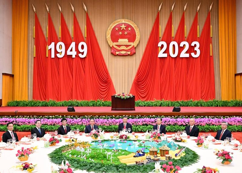 △2023年9月28日，慶祝中華人民共和國成立74周年招待會在北京人民大會堂舉行。