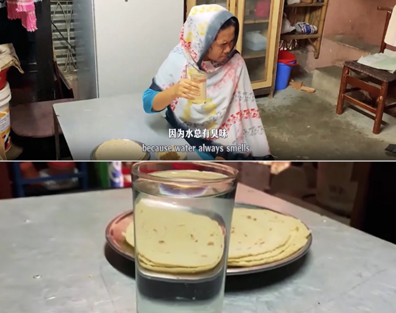 圖為紀實短片截圖：上圖為水質(zhì)未改善前，飲用水發(fā)黃渾濁；下圖為水廠建成后，飲用水水質(zhì)明顯改善，清澈透明。