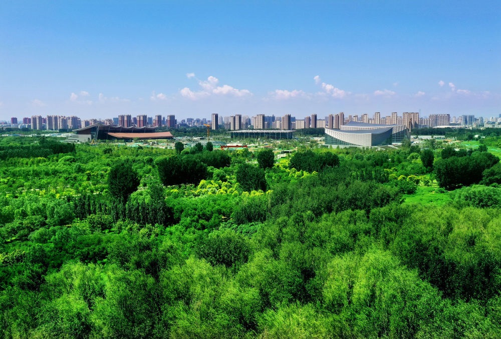 北京東方化工廠舊址建成的綠心公園草木蔥蘢。（馬文曉 攝）