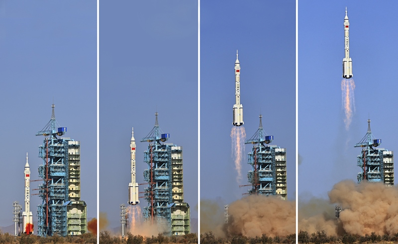 2023年10月26日，神舟十七號(hào)載人飛船發(fā)射升空過程（拼版照片）