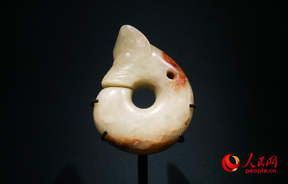“玉潤(rùn)中華——中國(guó)玉器的萬(wàn)年史詩(shī)圖卷”特展展出的玉豬龍。人民網(wǎng)記者 韋衍行攝