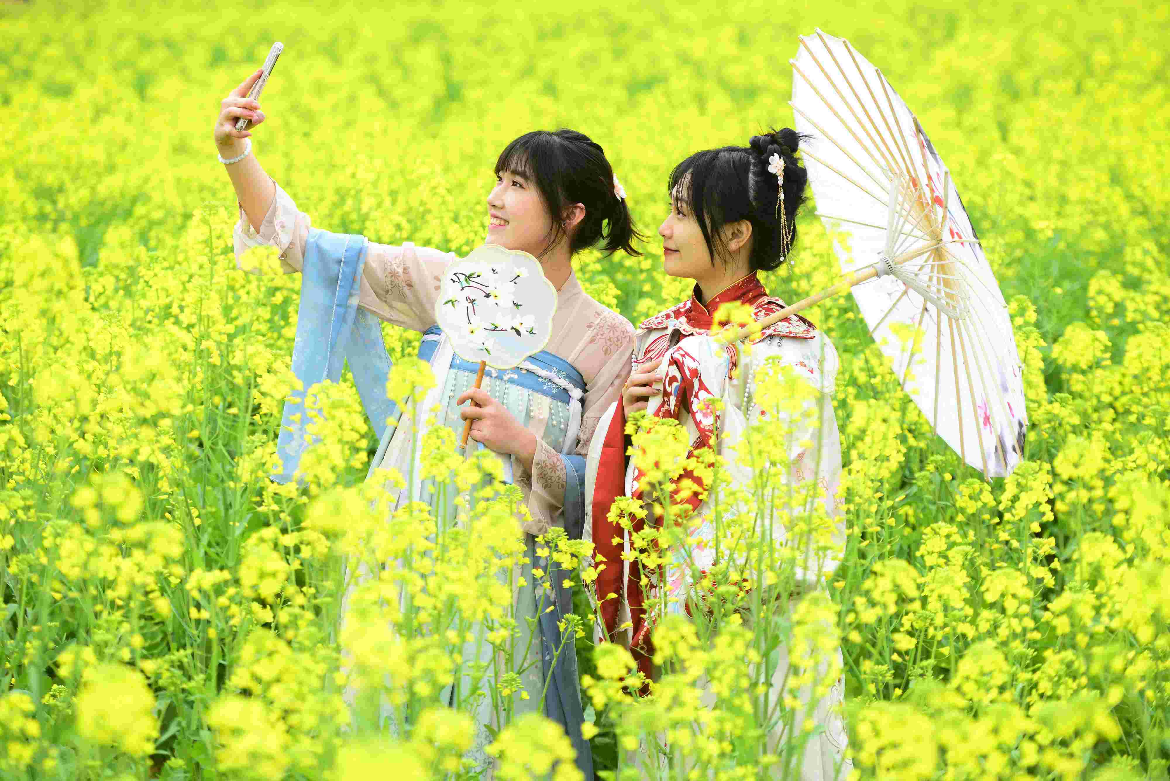 △ 2024年2月16日，廣西賀州，在富川瑤族自治縣麥嶺鎮(zhèn)三民村，游客在油菜花田間賞花拍照。