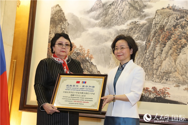 沈大使向?qū)殑跔柆敚ㄗ螅┟貢L轉(zhuǎn)交捐款。人民網(wǎng)記者 霍文攝