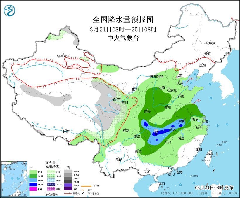 全國(guó)降水量預(yù)報(bào)圖(3月24日08時(shí)-25日08時(shí))。圖片來(lái)源：中央氣象臺(tái)網(wǎng)站