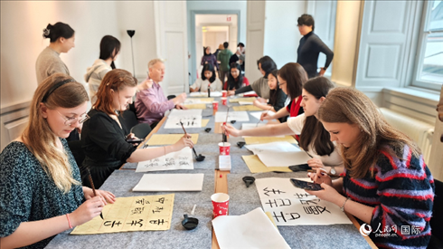 瑞典書法愛好者專心學習書法。人民網記者 殷淼攝