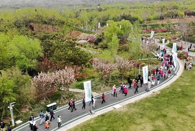 4月27日，登山愛好者在浮山森林公園參加登山健身活動（無人機照片）。新華社記者 李紫恒攝