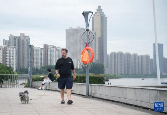 7月20日，在安徽蕪湖市，馬丁在長江邊遛狗。新華社記者 傅天 攝
