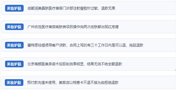 網(wǎng)友涉及醫(yī)美機(jī)構(gòu)虛假宣傳、誘導(dǎo)消費、致傷客戶、違約不退費等消費侵權(quán)的相關(guān)投訴。（“人民投訴”用戶投訴截圖）
