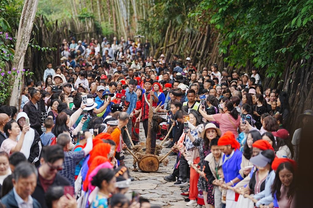 5月3日，各地游客在滄源縣翁丁村和村民一起參加佤族傳統(tǒng)民俗拉木鼓活動。（滄源縣融媒體中心供圖）