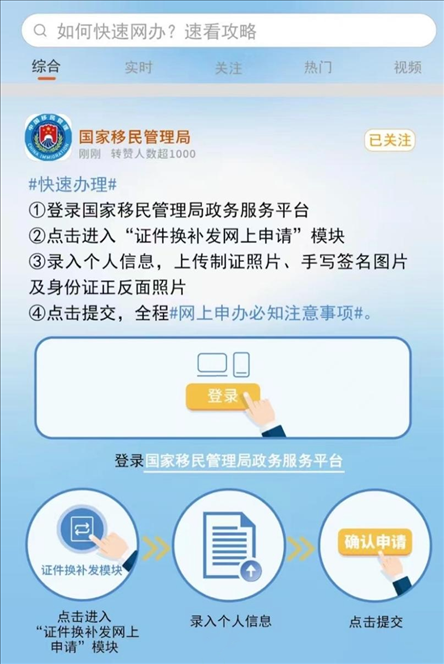 國(guó)家移民管理局出入境證件“全程網(wǎng)辦”流程。圖片來源：微信公眾號(hào)“國(guó)家移民管理局”