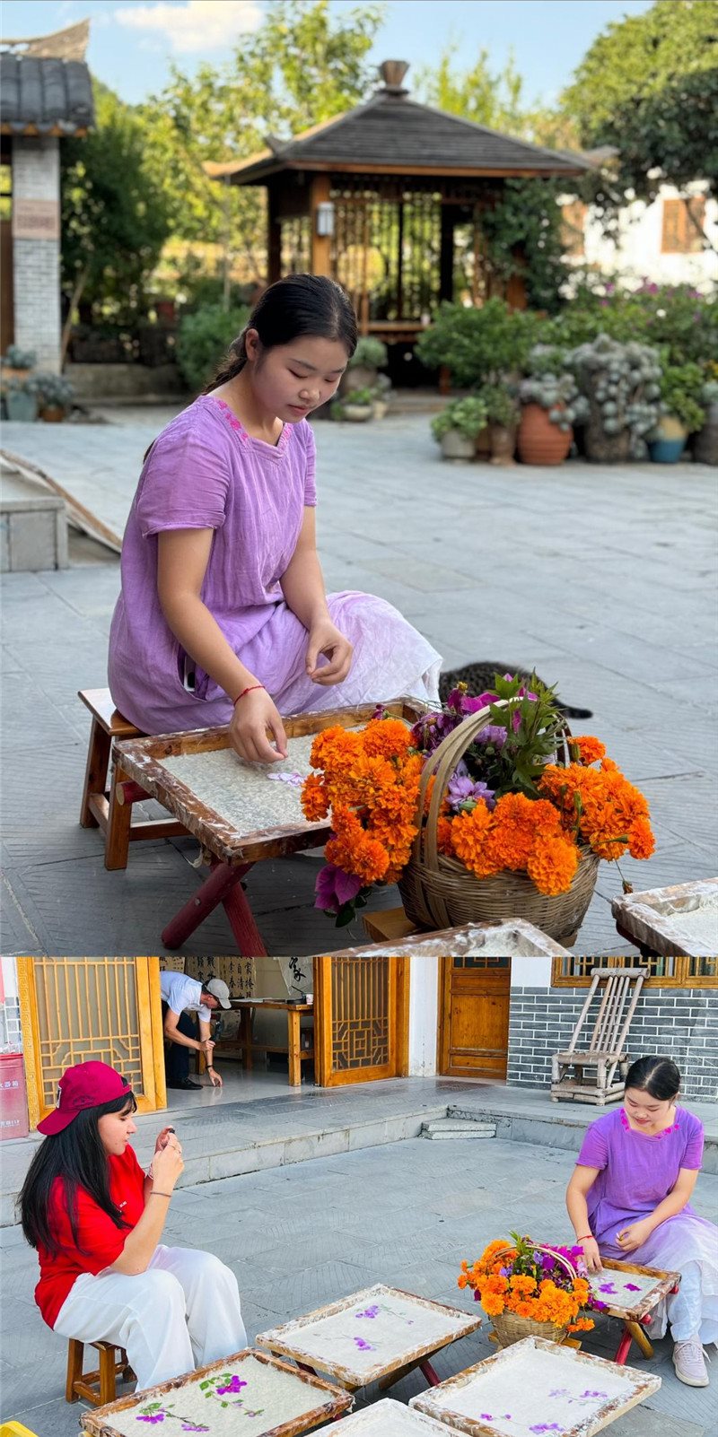 沒有女生不愛花。以古法造紙技藝為基礎(chǔ)，再輔以花草枝葉勾勒各式圖案，創(chuàng)作出花茂村獨(dú)具特色的紙漿壓花畫，少女手中的花是她眼中的風(fēng)景，而她與正在制作的紙漿壓花畫也是別人眼中的風(fēng)景。（哈薩克斯坦BAQ通訊社高級(jí)記者古爾詹·拉曼庫洛娃、張亞欣攝）