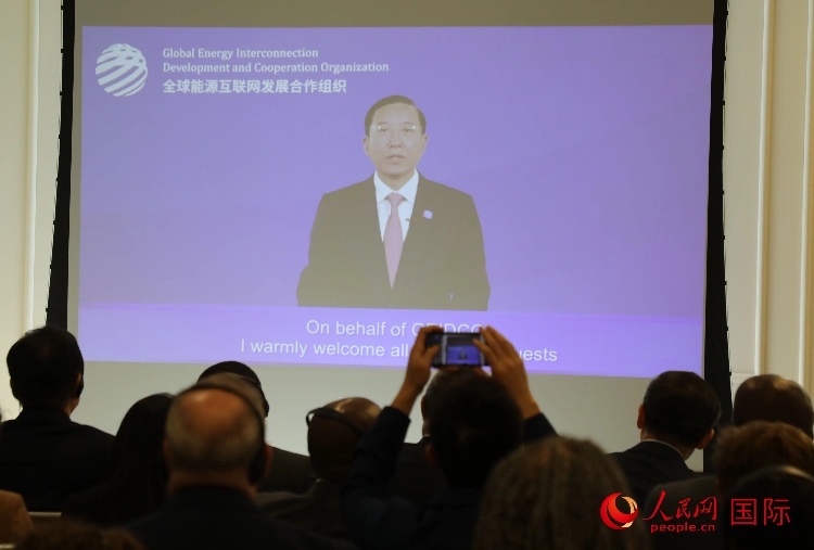 全球能源互聯(lián)網(wǎng)發(fā)展合作組織主席、中國電力企業(yè)聯(lián)合會(huì)理事長辛保安通過視頻方式致辭。人民網(wǎng)記者 李志偉攝