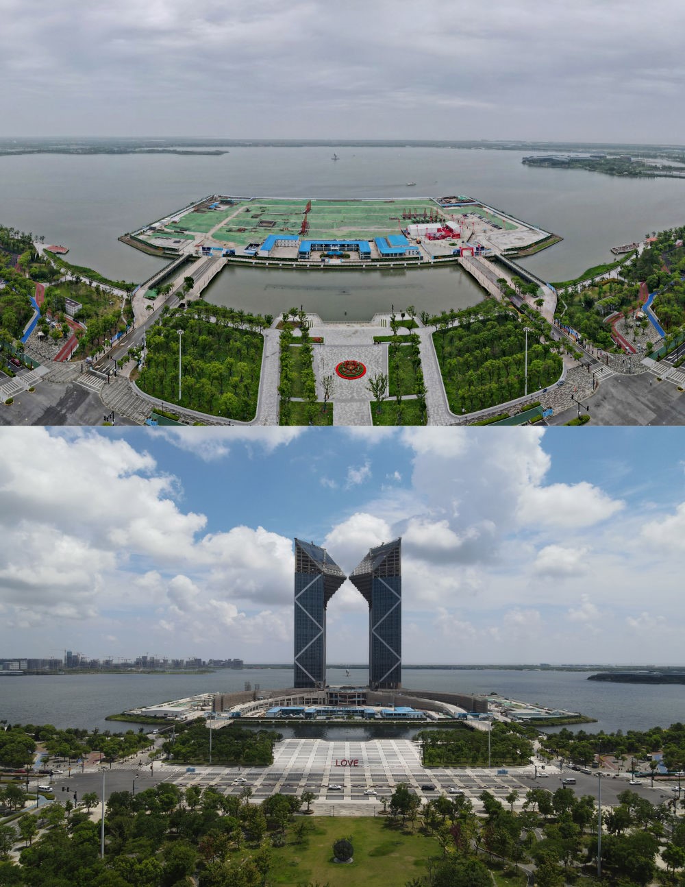 拼版照片：空中俯瞰中國（上海）自由貿(mào)易試驗區(qū)臨港新片區(qū)滴水湖西島中銀金融中心項目現(xiàn)場（上圖為2021年6月20日攝，無人機照片；下圖為2024年8月14日攝，無人機照片）。2019年8月20日，臨港新片區(qū)揭牌成立，一個開放新高地在長江與東海交匯處日益崛起。