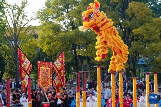 10月19日，云南魯木納龍獅藝術(shù)團(tuán)隊員在南獅高樁自選套路項目中比賽，最終他們獲得該項目銅獎。