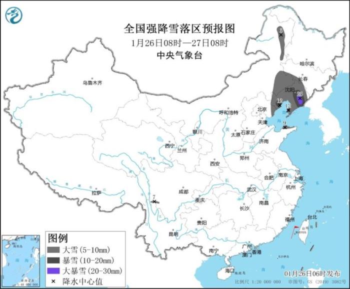 全國(guó)強(qiáng)降雪落區(qū)預(yù)報(bào)圖(1月26日08時(shí)-27日08時(shí)) 圖片來源：中央氣象臺(tái)網(wǎng)站