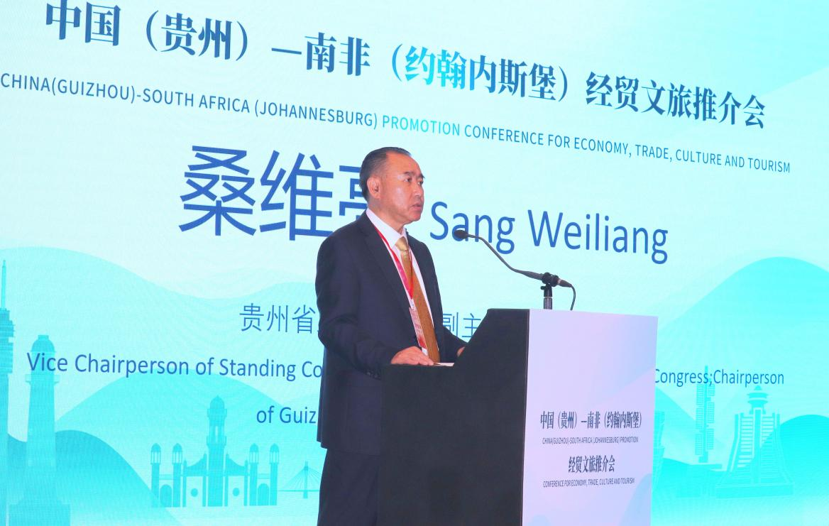 貴州省人大常委會(huì)副主任、省總工會(huì)主席桑維亮在會(huì)上致辭。南非恒盛傳媒公司供圖